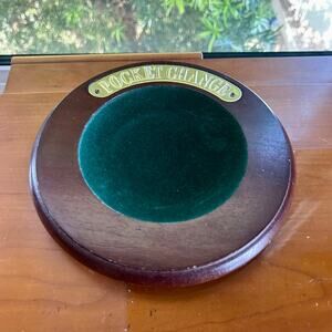 Vintage Wooden Pocket Change Dish with Green Felt Lining & Brass Plate
